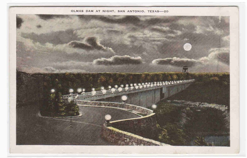 Olmas Dam at Night San Antonio Texas 1920s postcard
