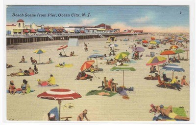 Beach Scene from Pier Ocean City New Jersey 1962 linen postcard