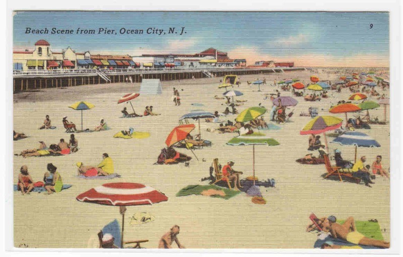 Beach Scene from Pier Ocean City New Jersey 1962 linen postcard