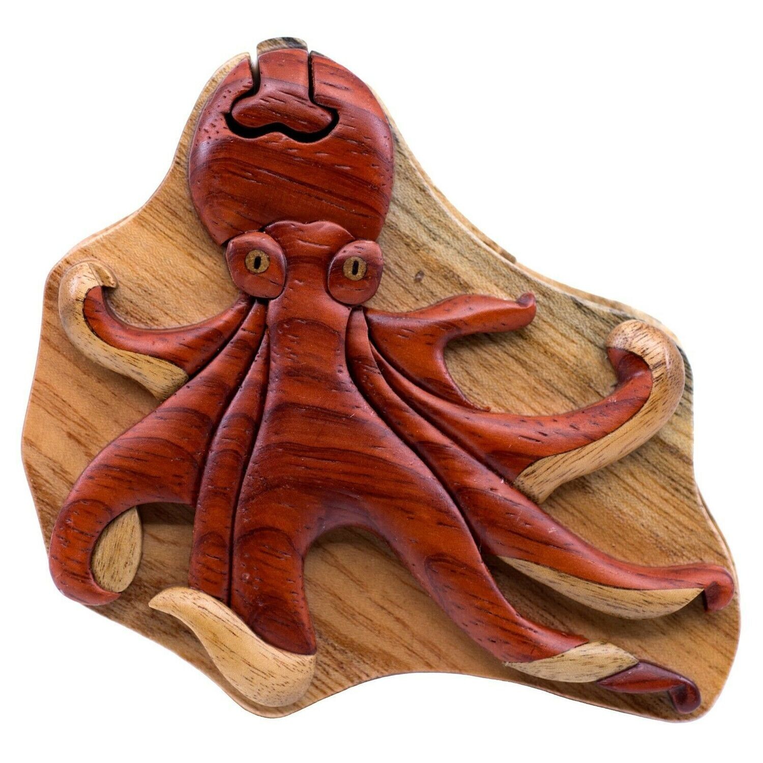 Octopus Wooden Intarsia Puzzle Box Secret Chamber Handmade Handcrafted