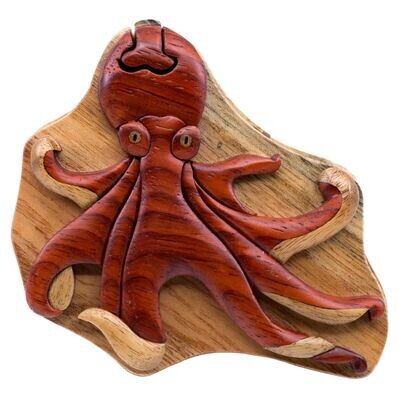 Octopus Wooden Intarsia Puzzle Box Secret Chamber Handmade Handcrafted