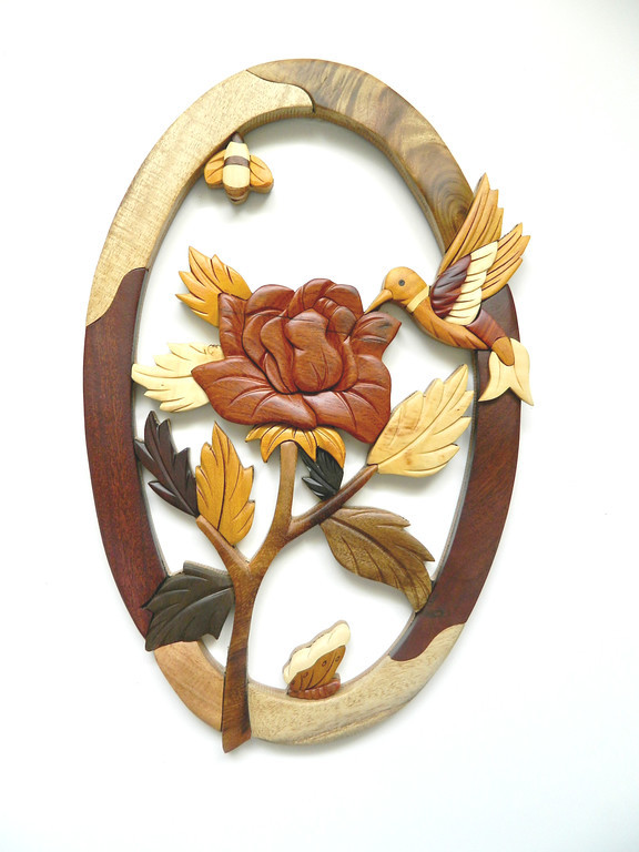 Hummingbird Rose Flower Bee Intarsia Wood Wall Art Home Decor Plaque Lodge New