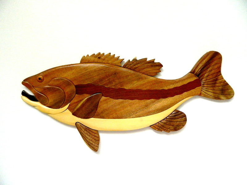 Largemouth Bass Fish Fishing Intarsia Wood Wall Art Home Decor Plaque Lodge New