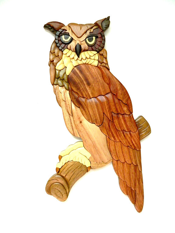 Great Horned Owl Bird Intarsia Wood Wall Art Home Decor Plaque Lodge New