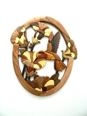 Hummingbird Trumpet Flower Intarsia Wood Wall Art Home Decor Plaque Lodge New II