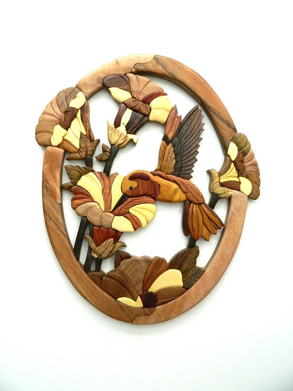 Hummingbird Trumpet Flower Intarsia Wood Wall Art Home Decor Plaque Lodge New II