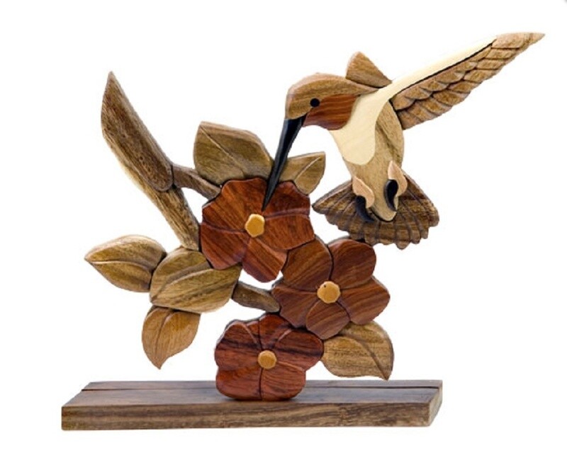 Hummingbird Bird Flower Intarsia Wood Table Top Home Decor Figurine Handcrafted
