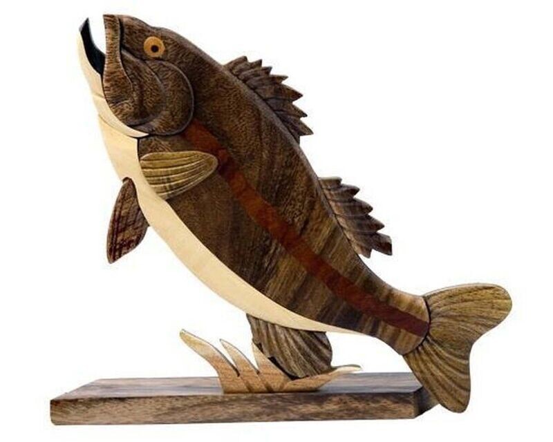 Largemouth Bass Fish Intarsia Wood Table Top Home Decor Figurine Handcrafted