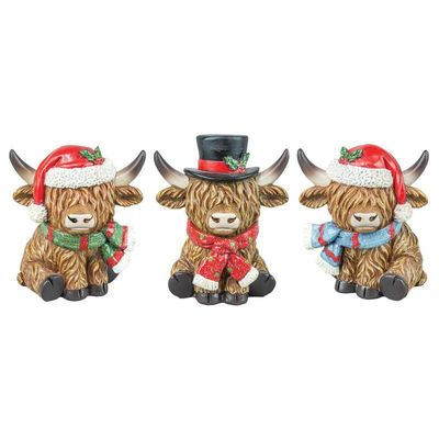 Highland Coo Cow Christmas Holiday Trio Tabletop Resin Decor Hannas Handiworks