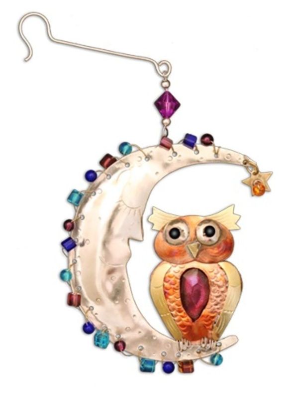 Twilight Owl Crescent Moon Celestial Ornament Metal Fair Trade Pilgrim Imports