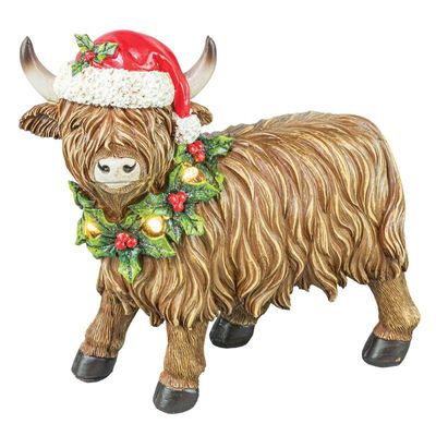 Highland Coo Cow Standing Holly Wreath Lights Up Resin Tabletop Hannas Handiworks