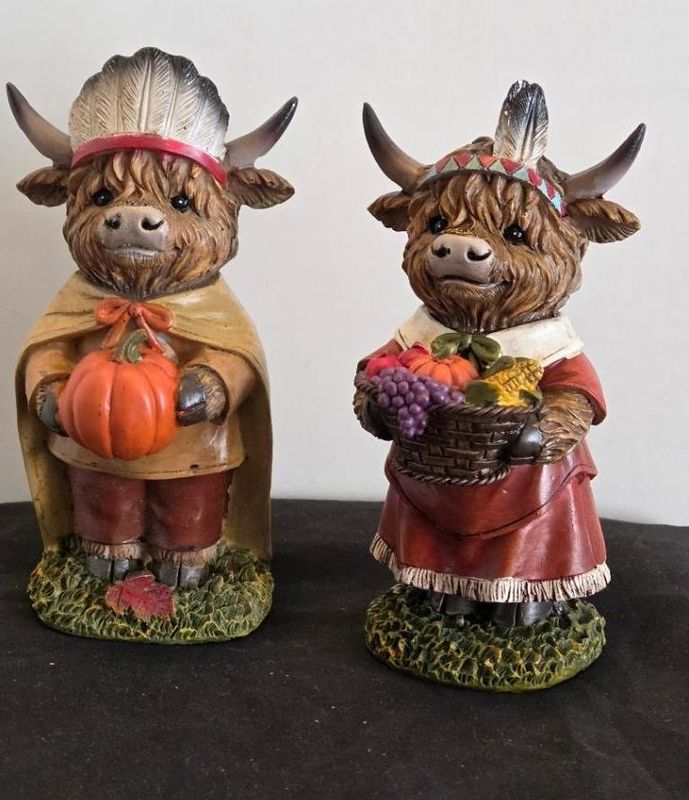 Highland Cow Thanksgiving Tabletop Resin Native American Indian Pair Pumpkin