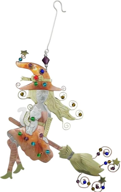 Samantha Witch Broomstick Halloween Ornament Metal Fair Trade Pilgrim Imports