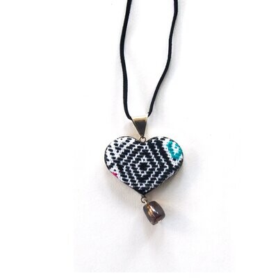 San Andres Black Heart Textile Necklace with Hanging Stone