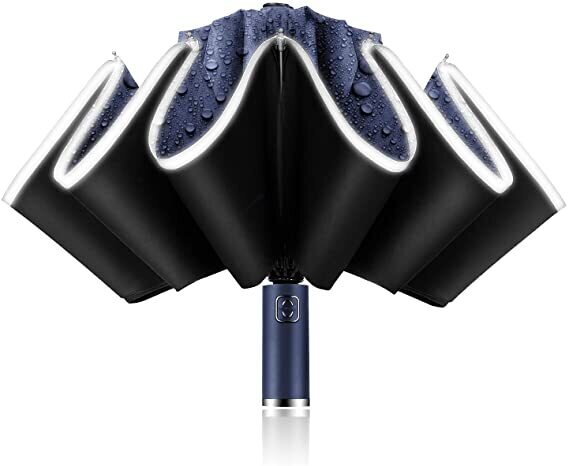 c - MINYUOCOM Parapluie pliant de voyage, coupe-vent, 99% de protection contre les rayons UV, UPF 50+. Parapluie automatique avec bande de sécurité réfléchissante et emballage cadeau