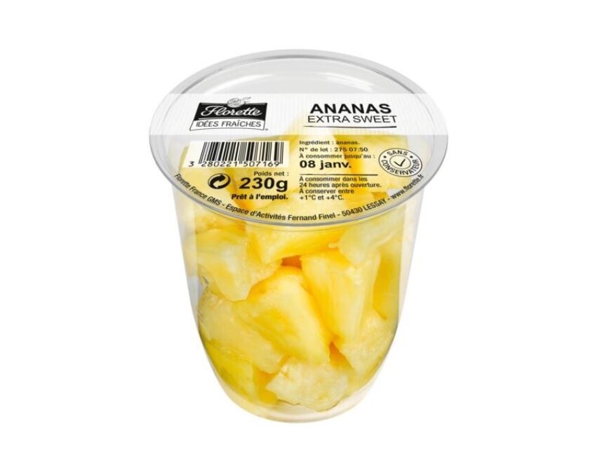 Ananas frais découpé en cubes, doux et sucré, FLORETTE, Pot de 230g, FRANCE