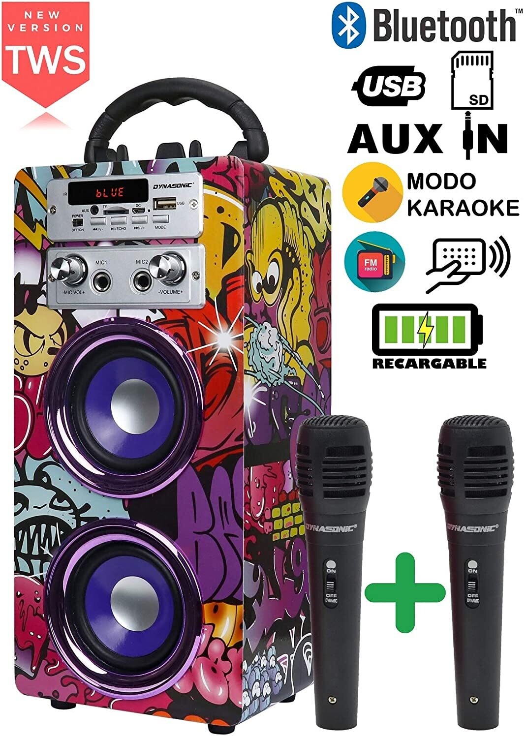 Karaoké - DYNASONIC - (3e génération) Haut-Parleur Bluetooth Portable avec Mode karaoké et Microphone, Radio FM et Lecteur USB SD (modèle 12, 2 Microphones)