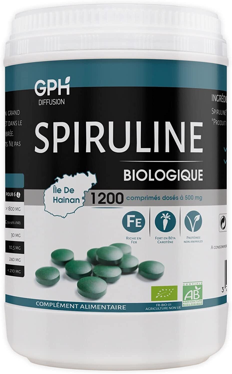 Spiruline Bio AB 500 MG - 1200 comprimés - Riche en Protéines, Phycocyanine, Chlorophylle, Caroténoïde et Fer