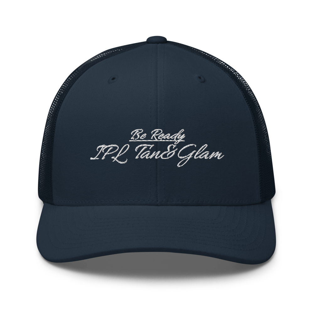 IPL Tan&Glam Embroidered Mesh & Snap Back Navy Retro Trucker Hat