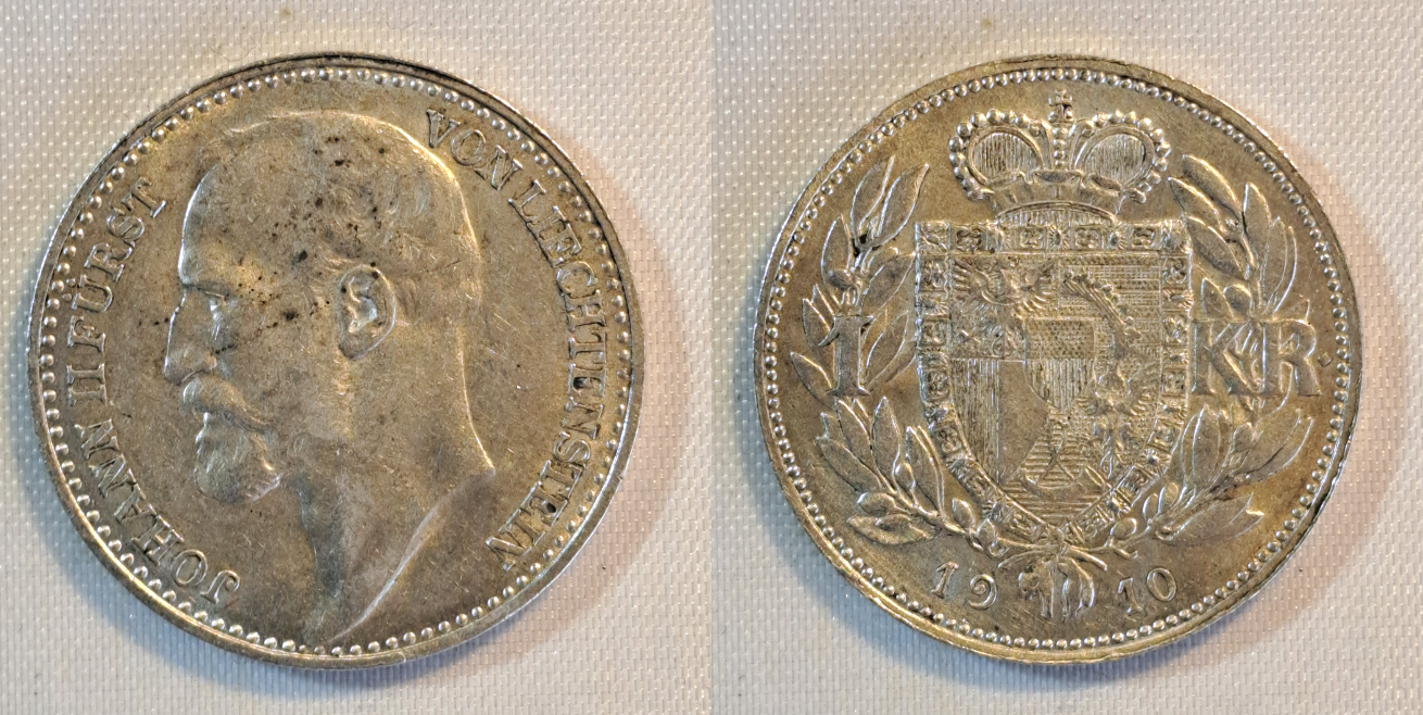 1 Krone 1910 - Johann II- Liechtenstein- Silber