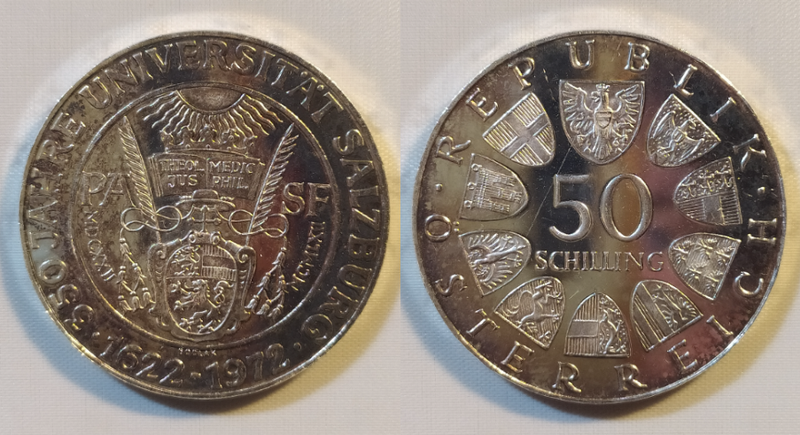 50 Schilling 1972 "Uni Salzburg" PP- Österreich- Silber