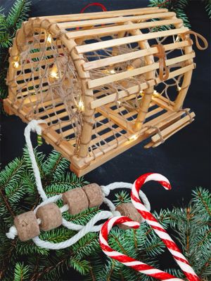 Hand crafted model creel/lobster pot with rope and cork floats plus Christmas lights