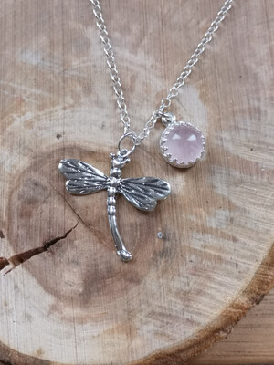 Dragonfly Sterling Silver Necklace With Rose Quartz