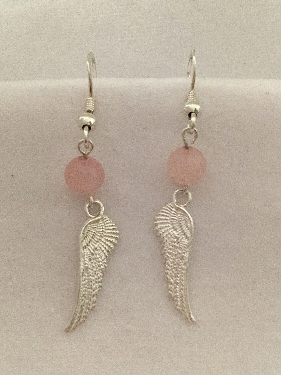 Rose Quartz Bead Angel Wing Dangle Earrings
