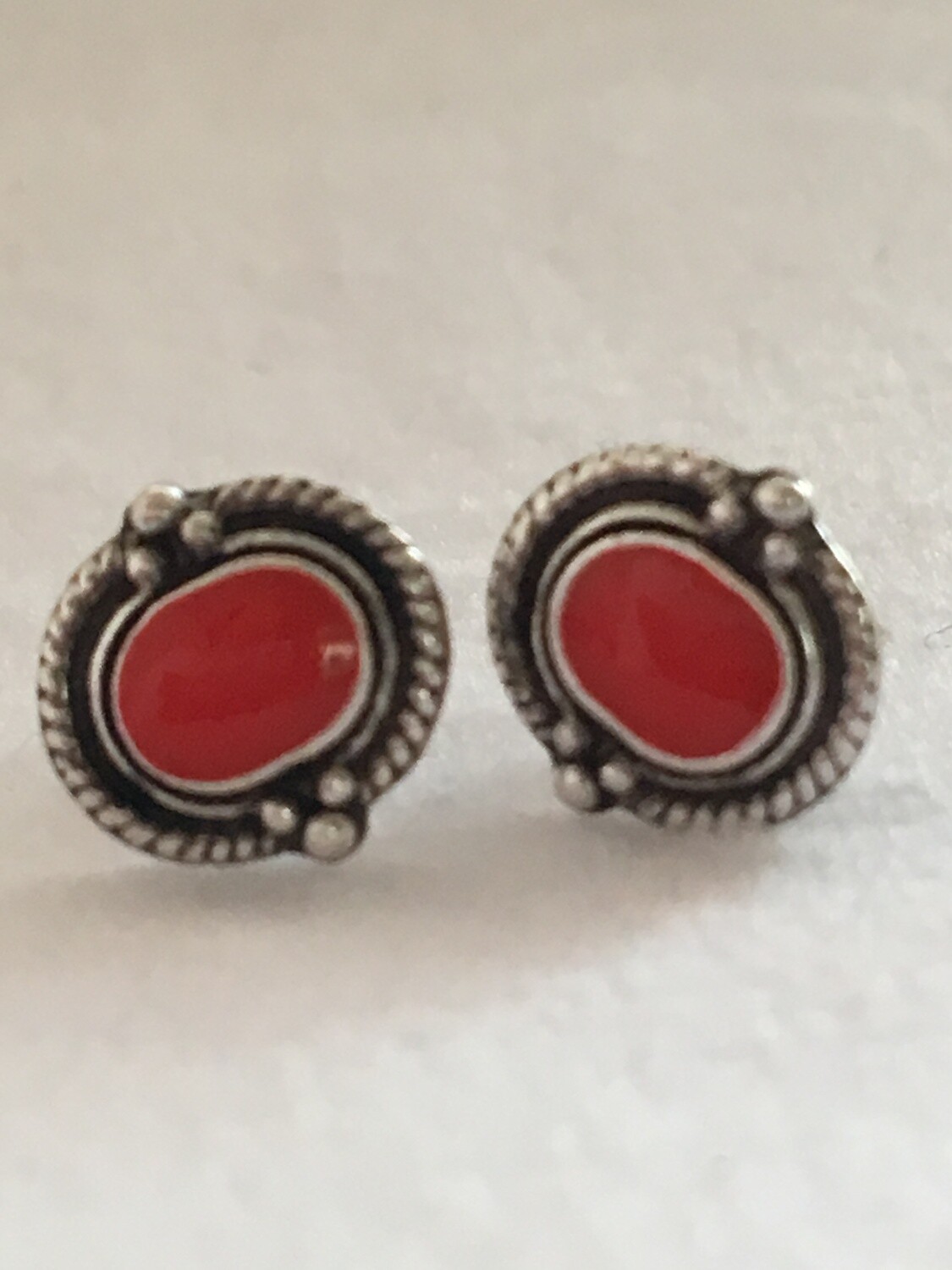 Tiny red enamel Oxidized Silver Stud Earring