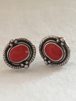 Tiny red enamel Oxidized Silver Stud Earring