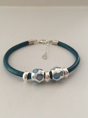 Round Leather Bracelet with Sterling Silver Beads with Cat Eyes Stones