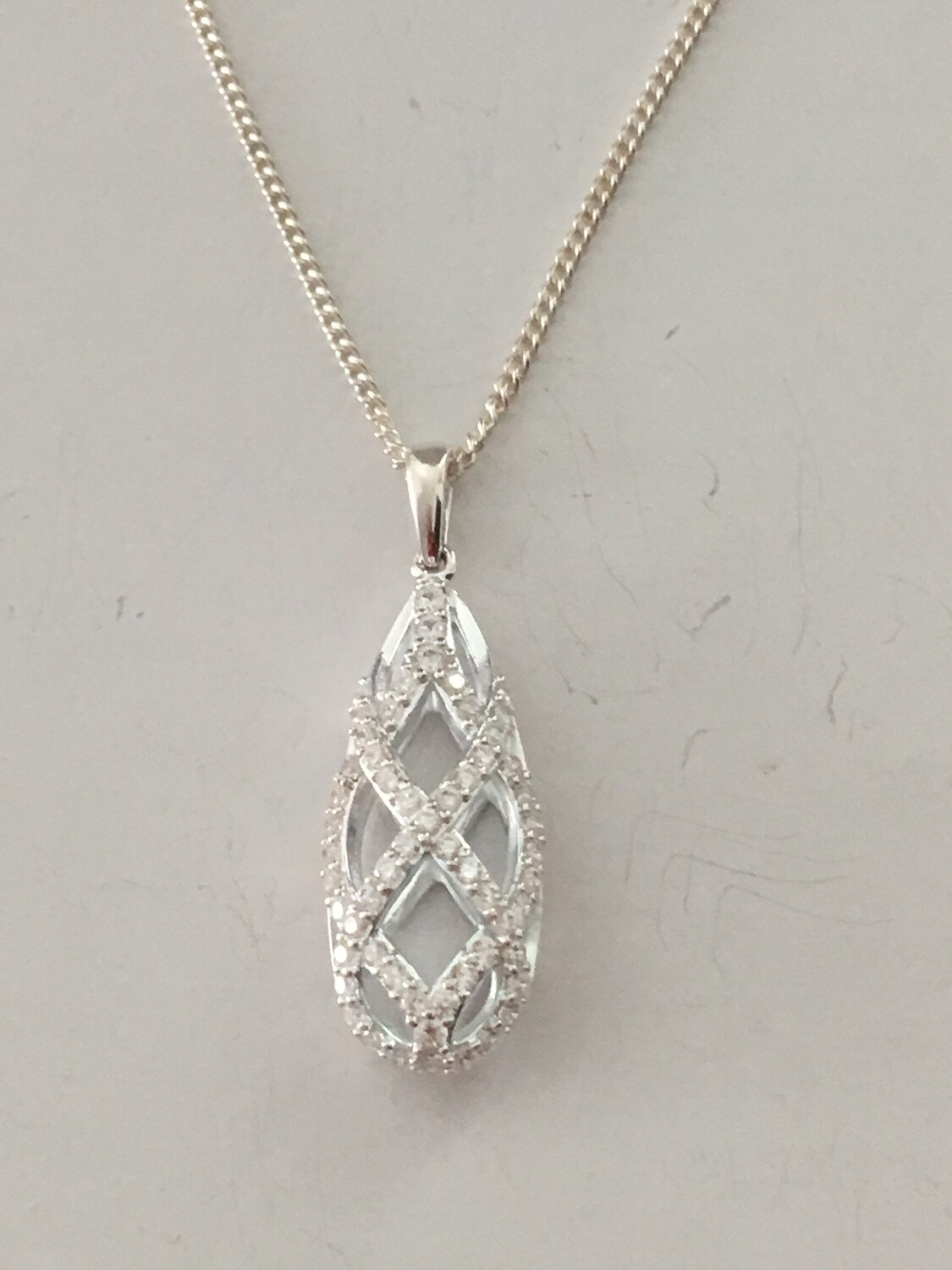 Curb Chain with Drop Cage with CZ Fine Sterling Silver Necklace