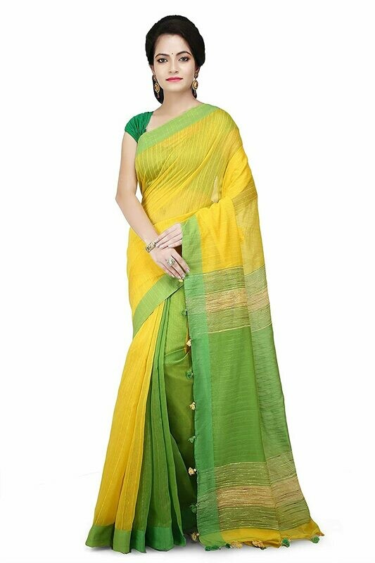 Misha Boutique Women&#39;s Yellow and Green Cotton Saree With Blouse Piece