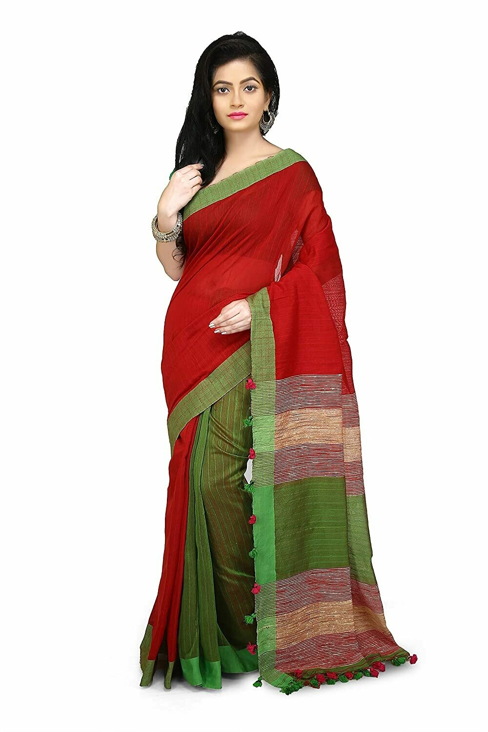 Misha Boutique Women's Red and Green Cotton Saree With Blouse Piece