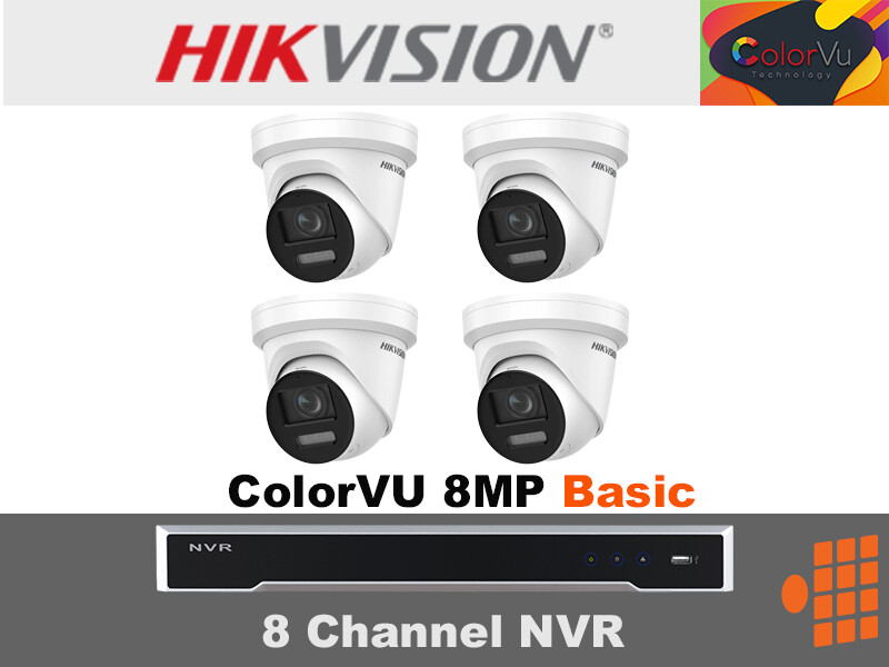 Hikvision ColorVu Package - 8Ch NVR with 3TB HDD and Four ColorVU 8MP Basic Cameras