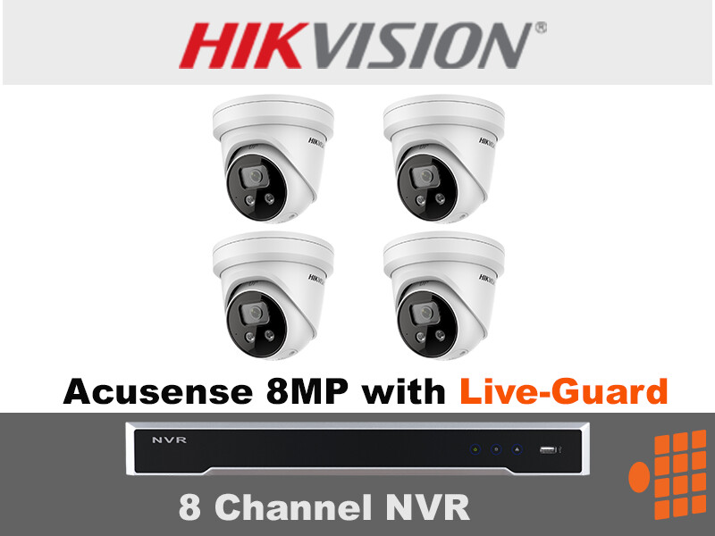 Hikvision Acusense Package - 8Ch NVR with 3TB HDD and Four Acusense 8MP Live-Guard Cameras