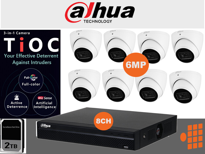 Dahua 6mp TIOC Package - 8Ch NVR with 2TB HDD and Eight TIOC 6mp Cameras