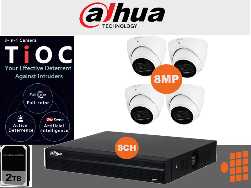 Dahua 8mp TIOC Package - 8Ch NVR with 2TB HDD and Four TIOC 8mp Cameras