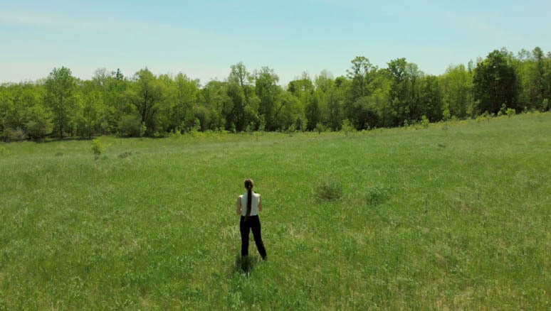 Young Woman walks away in Sunny Field holding office book. (6) Young Woman walks away in Sunny Field holding office book. (6)