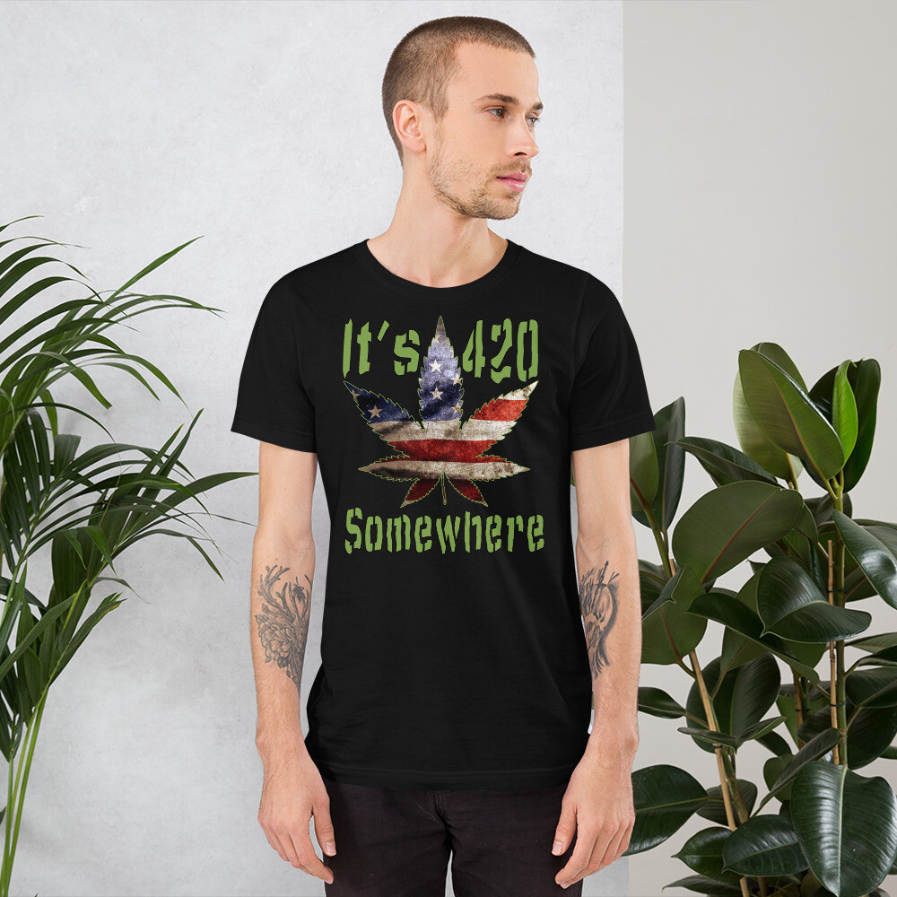 It's 420 Somewhere USA Flag Pot Leaf Short-Sleeve Unisex T-Shirt