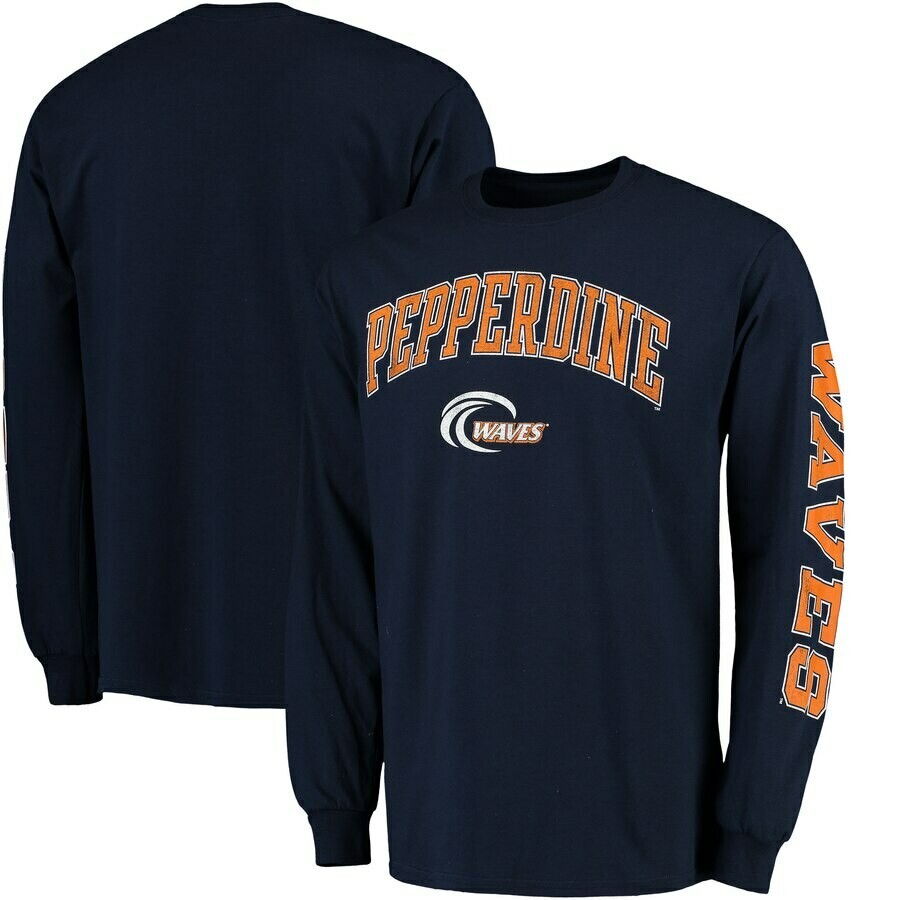Men&#39;s Fanatics Branded Navy Pepperdine Waves Distressed Arch Over Logo Long Sleeve Hit T-Shirt