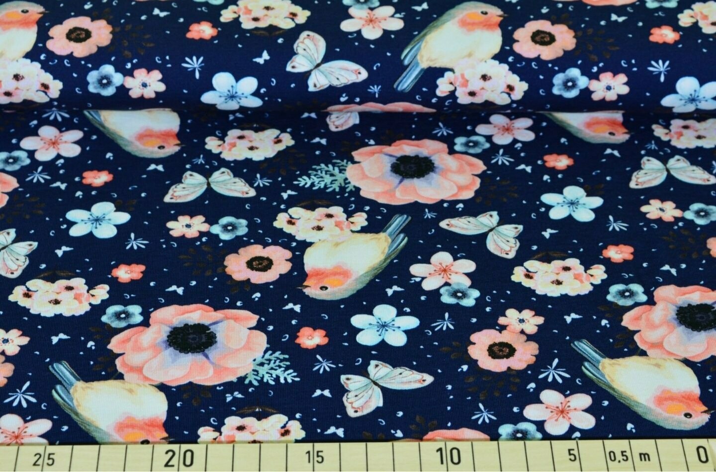 French Terry 1,3m x VB - Rotkehlchen Vogel Schmetterling Blumen Navy Rosa