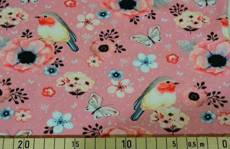 Jersey - Rotkehlchen Rosa Vogel Schmetterlinge Blumen Jersey - Rotkehlchen Rosa Vogel Schmetterlinge Blumen