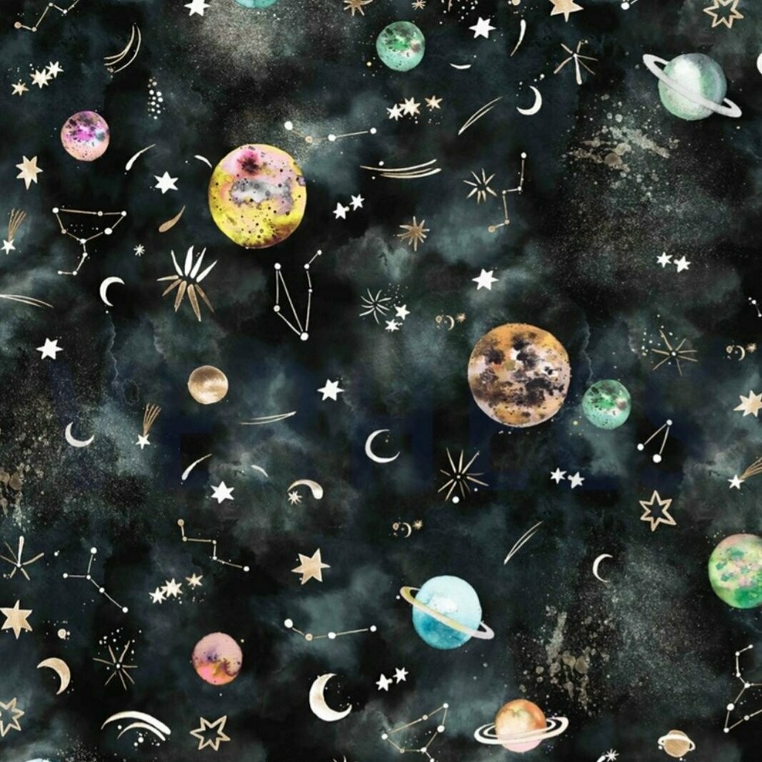 GOTS Jersey - Galaxy Planeten Sterne Mond Weltall Schwarz Grau