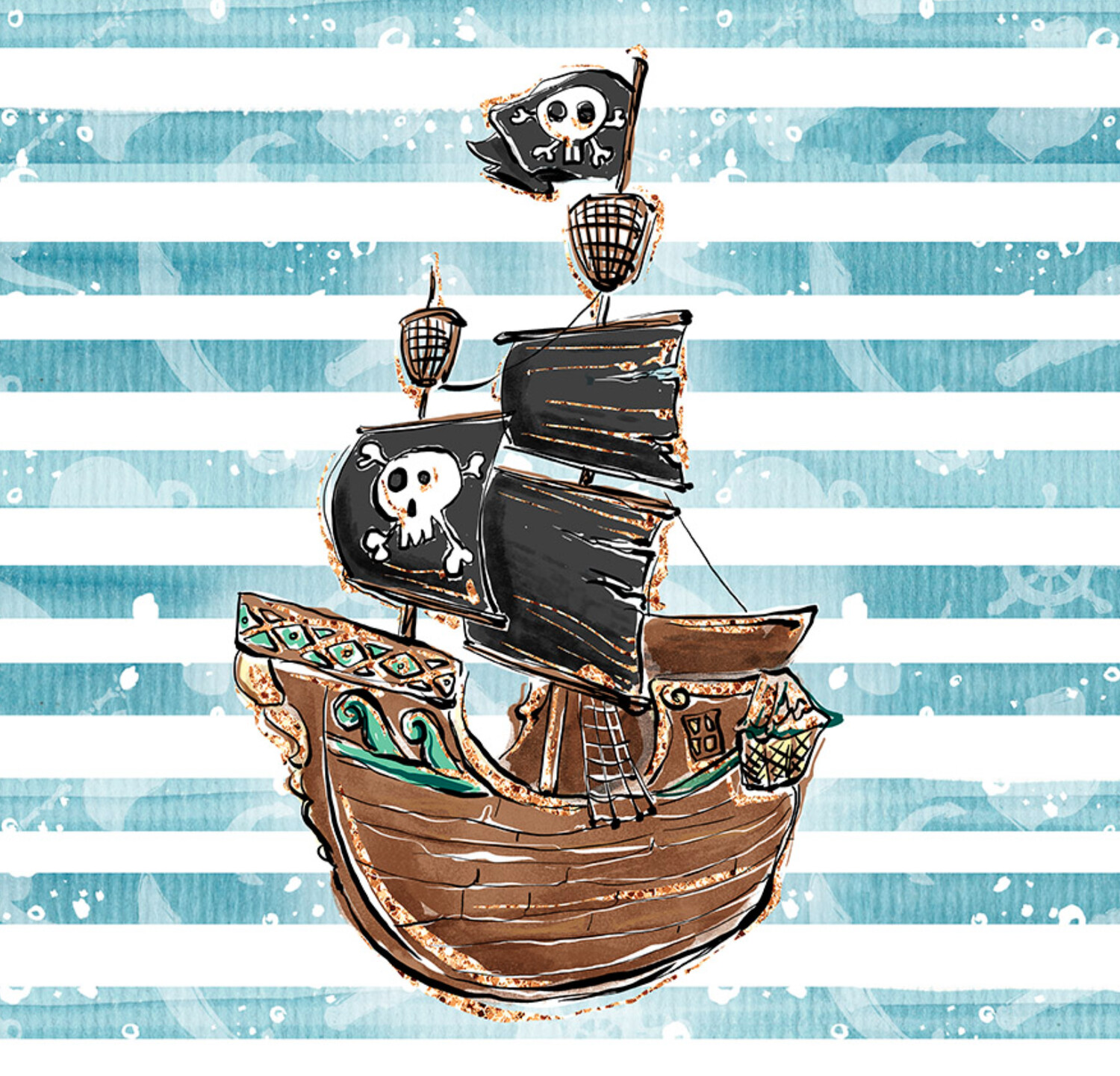French Terry Panel - Piratenboot Schiff Skull Streifen
