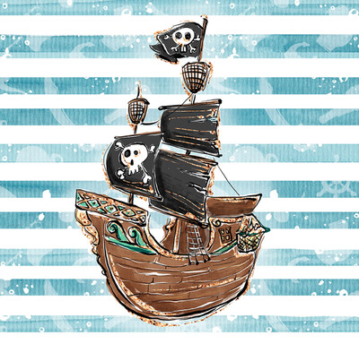 French Terry Panel - Piratenboot Schiff Skull Streifen