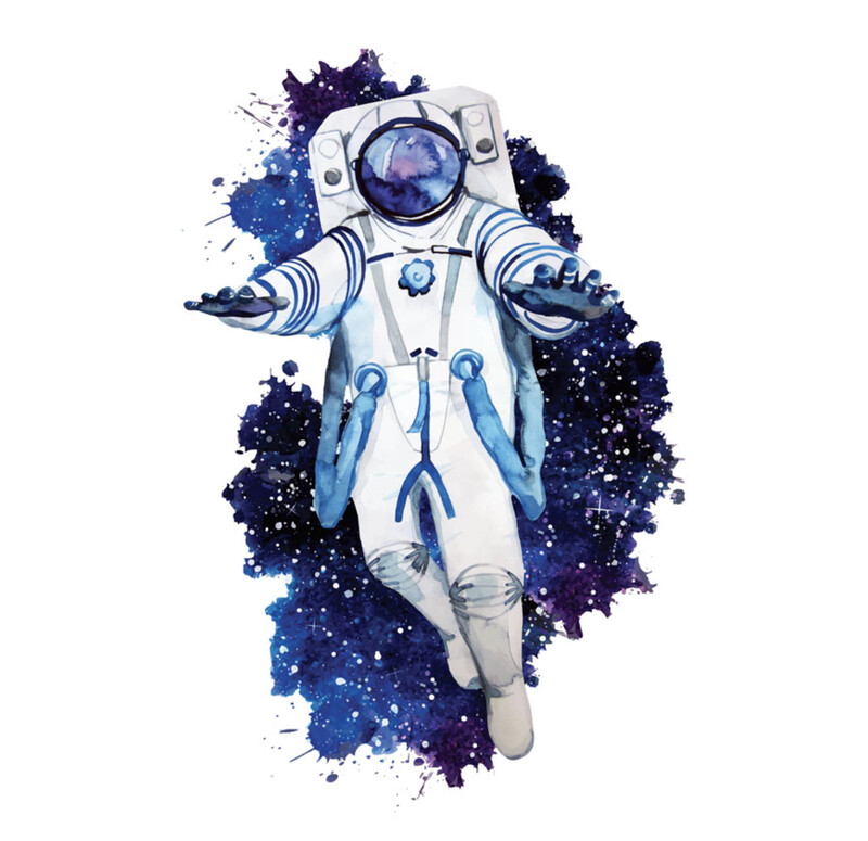 French Terry Panel - Astronaut Weltall Weiß Blau