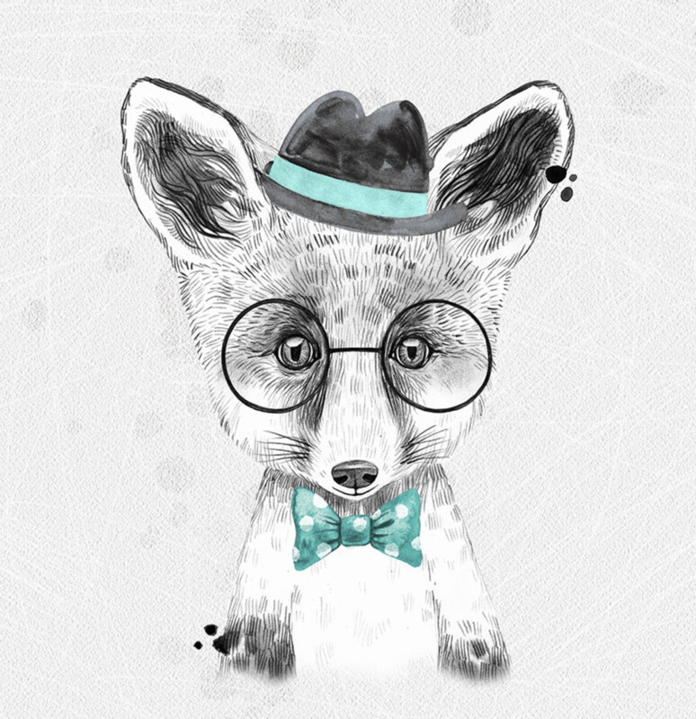 French Terry Panel - Fuchs Brille Hut Fliege Türkis