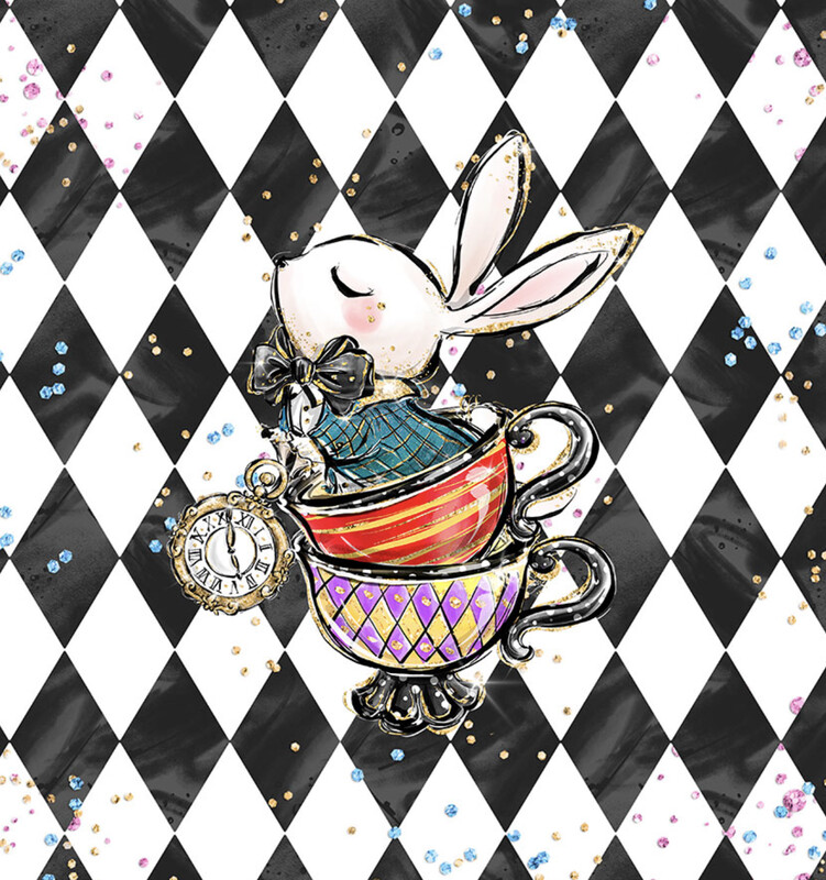 French Terry Panel - Alice im Wunderland Hase in Tassen kariert Gold Glitzer Schwarz Weiß
