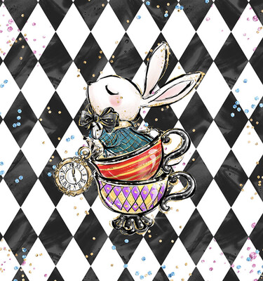 French Terry Panel - Alice im Wunderland Hase in Tassen kariert Gold Glitzer Schwarz Weiß